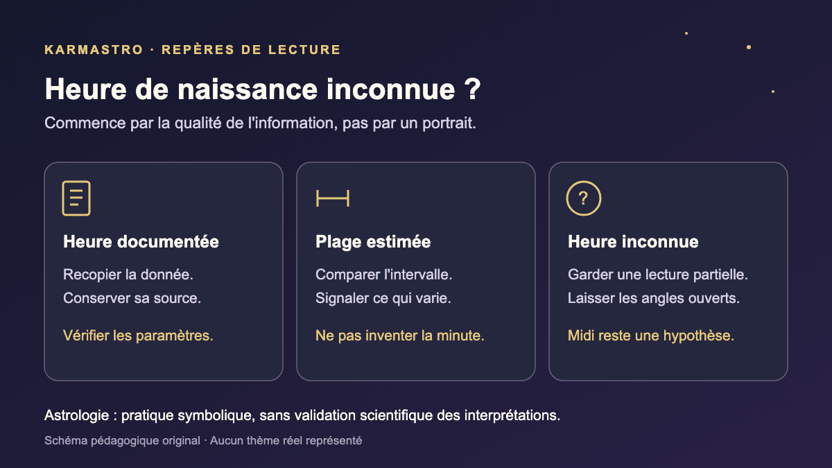 Trois niveaux de données : heure documentée, plage horaire estimée ou heure inconnue, avec les limites de lecture correspondantes.